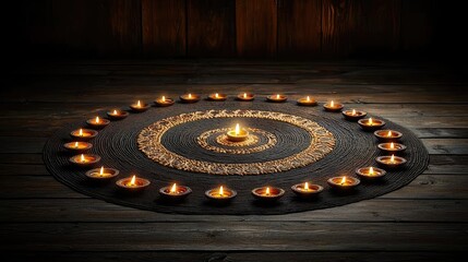 A circular arrangement of glowing oil lamps on a wooden surface, creating a serene and festive atmosphere, ideal for celebrations.