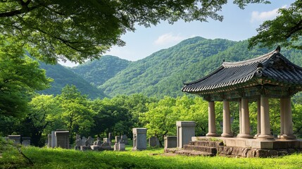 Obraz premium A picturesque scene of the ancient tombs at Daereungwon in Gyeongju, surrounded by lush greenery.