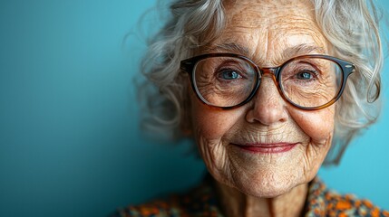 Radiant Senior Woman Smiling Happily Against Blue Background - Close-up Portrait of Joyful Elderly Lady Wearing Glasses