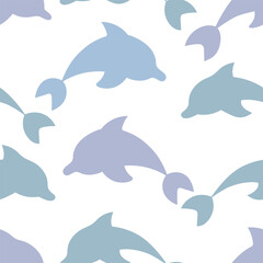 Three colorful dolphins. Seamless vector pattern. Endless ornament of sea mammals diving into the waves. Isolated colorless background. Flat style. Ocean inhabitant. Idea for web design.