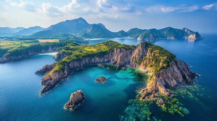 Obraz premium A picturesque view of the Saryangdo Island, known for its natural beauty and hiking trails.