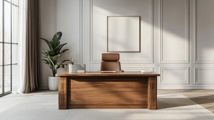 Mock up frame in an empty executive office with only a wooden desk and warm white walls, no decorations, 3D render
