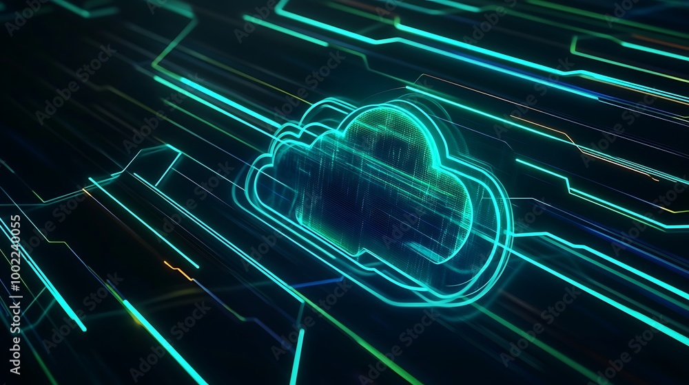 Poster A glowing cloud icon on a dark background with lines of light, representing data storage, cloud computing, and digital technology.