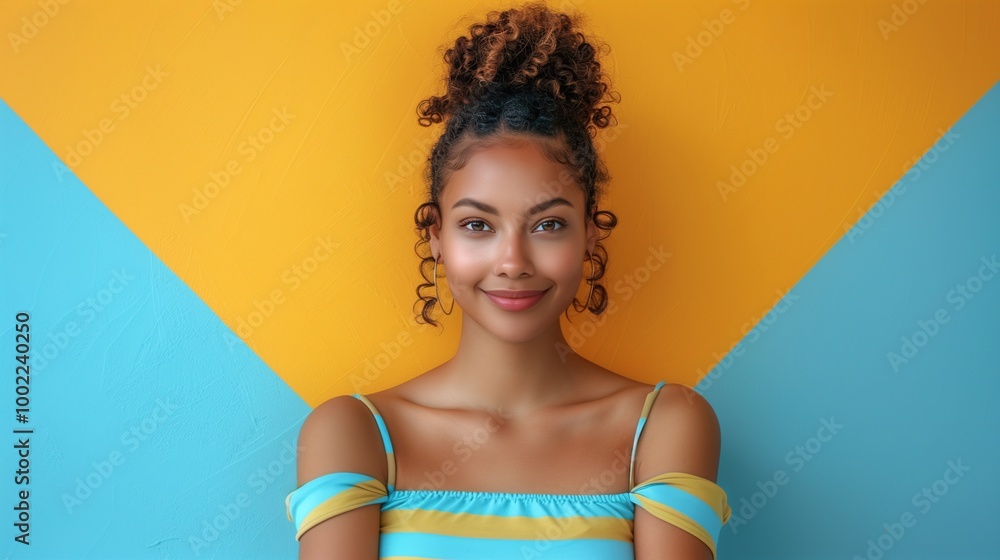 Sticker Smiling woman with curly hair against colorful geometric background