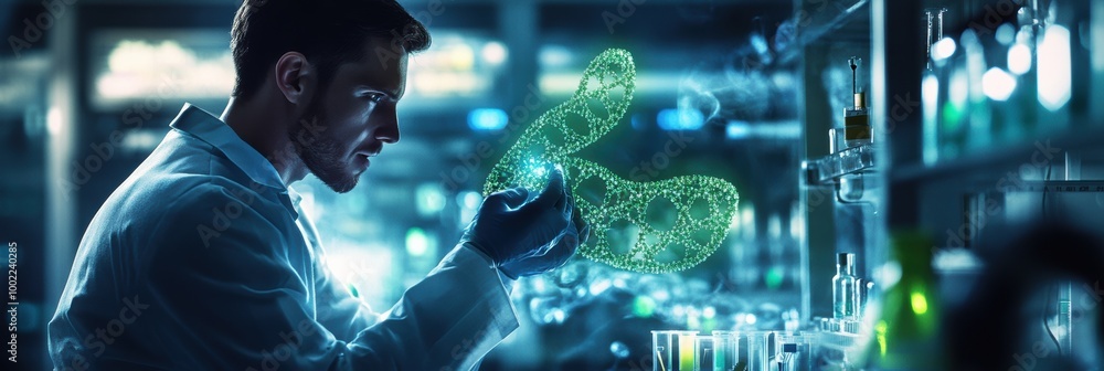 Aufkleber A genetic engineer conducts advanced research in a futuristic lab, manipulating floating holographic DNA strands with precision. Generative AI