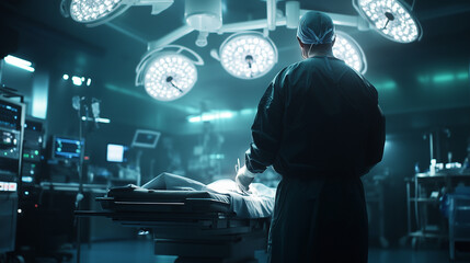 Obraz premium The surgeon stands with precision and focus, instruments in hand, as the bright overhead lights illuminate the sterile environment of the operating room, with medical equipment sur