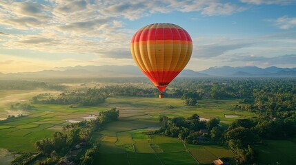 Fototapeta premium A scenic hot air balloon ride over Chiang Mai countryside, with stunning views of rice fields and temples.