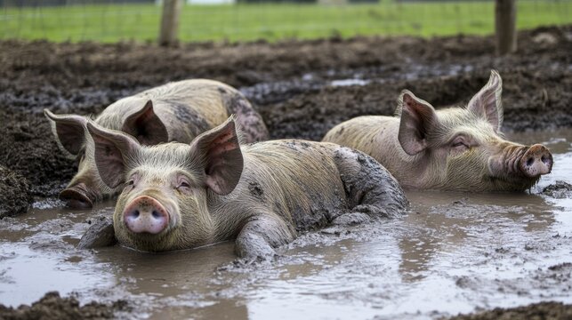 Breeding stock pigs cooling off in a mud puddle, enjoying a refreshing break on the farm