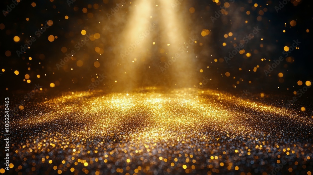 Poster golden sparkles illuminate the stage with light rays creating a magical atmosphere