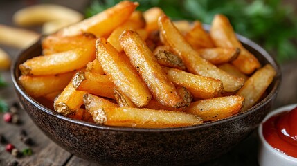 Crispy Golden French Fries Served in Rustic Bowl with Ketchup on Side - Appetizing Fast Food Concept in Medium Shot Photo