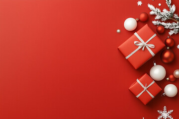 Christmas gifts wrapped in red paper with white ribbons, surrounded by ornaments and snowflakes on a red background.