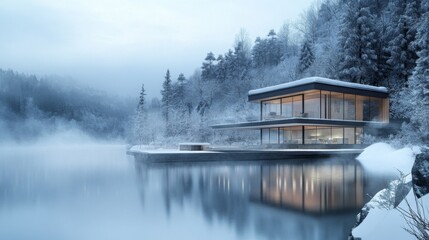 Fototapeta premium Modern Glass House on a Snowy Lake in a Foggy Forest