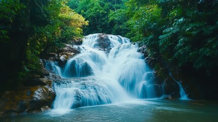 Obraz premium A serene waterfall in the Mae Sa Valley, surrounded by lush greenery and offering a refreshing escape.