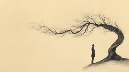 Naklejka premium Ecclesiastes Depicts the Futility of Altering God's Creation: A Crooked Tree and a Pondering Man