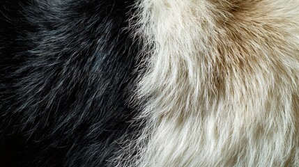 Fototapeta premium A close-up of a black and white animal's fur and a brown and white animal's fur