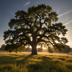 Fototapeta premium Mighty Oak Tree Standing in a Sunlit Meadow, Representing Strength and Growth in Nature