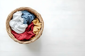Laundry basket filled with clothes on a white floor top view Area for text. Copy space image. Place for adding text and design