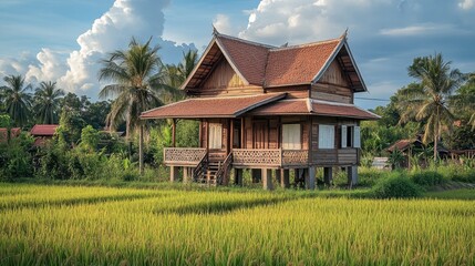 Fototapeta premium A traditional wooden house in Roi Ets countryside, surrounded by rice fields and palm trees.