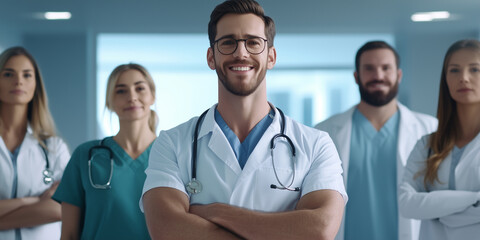 A joyful team of medical professionals stands in a well-lit examination room, their smiles embodying hope and reassurance for patients and families alike.