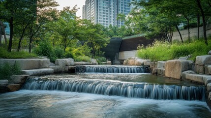 A tranquil moment at the scenic Cheonggyecheon Stream in downtown Seoul, surrounded by modern architecture and lush greenery.