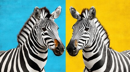 Naklejka premium Two zebras standing next to each other against a yellow-blue wall and another blue-yellow wall