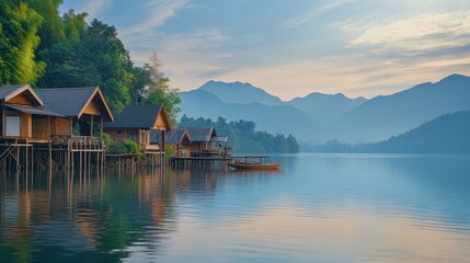 Fototapeta premium A tranquil morning at Huay Tung Tao Lake, with wooden huts lining the shore and mountains in the background.