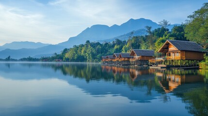 Fototapeta premium A tranquil morning at Huay Tung Tao Lake, with wooden huts lining the shore and mountains in the background.
