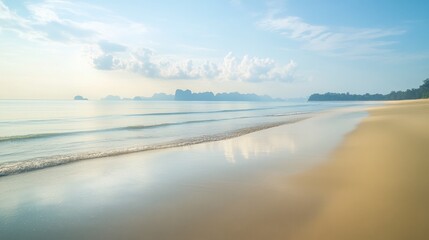 Obraz premium A tranquil morning at Natai Beach in Phang Nga, with calm waters and soft golden sand.