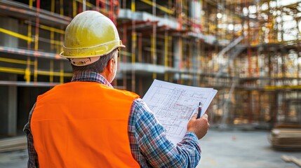 Close-up of a construction engineer examining plans with a construction site and scaffolding in the background
