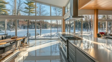 Modern Kitchen with Panoramic Winter Views