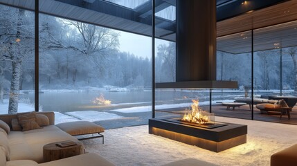 Modern Living Room with Fireplace and Snowy View
