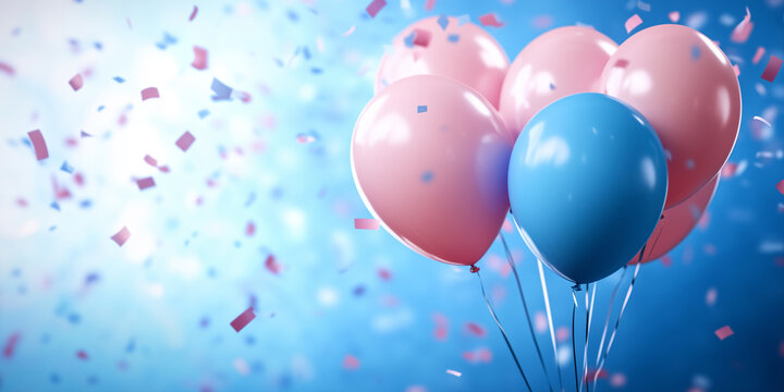 The background features an explosion of pink and blue balloons against a bright backdrop, surrounded by swirling confetti, setting a celebratory tone for any special occasion.