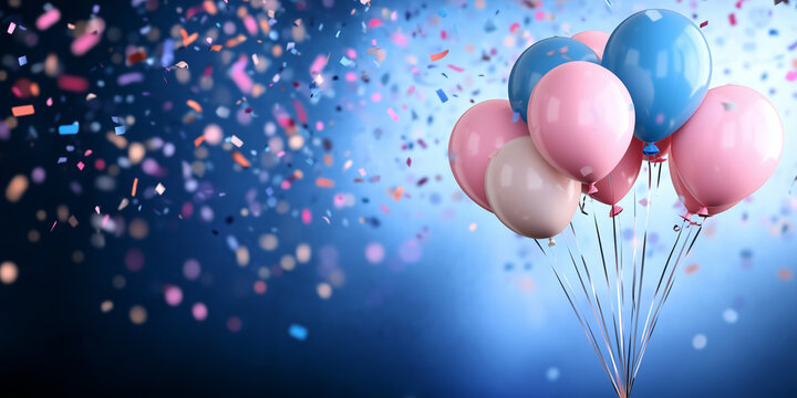 The background features an explosion of pink and blue balloons against a bright backdrop, surrounded by swirling confetti, setting a celebratory tone for any special occasion.