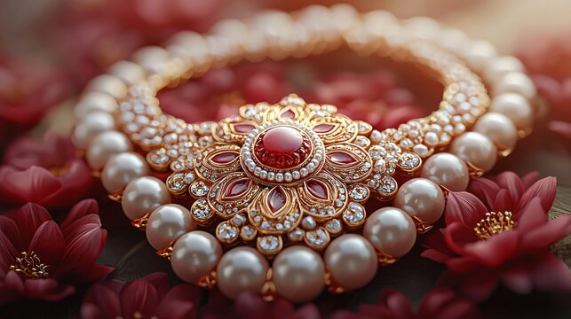 Luxurious red and gold necklace ideal for Diwali celebrations, Dhan Teras, and Akshay Tritiya, showcasing intricate design perfect for festive jewelry displays.