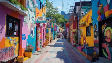 Fototapeta premium A vibrant street filled with colorful murals and art installations in the artistic district of Hongdae.