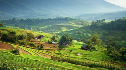 Fototapeta premium A view of the Chiang Mai countryside, with fields of rice paddies and small villages nestled in the valley.
