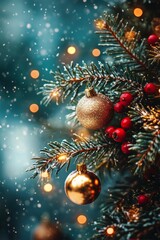 Golden ornaments sparkle on a snow-covered Christmas tree in a cozy winter setting