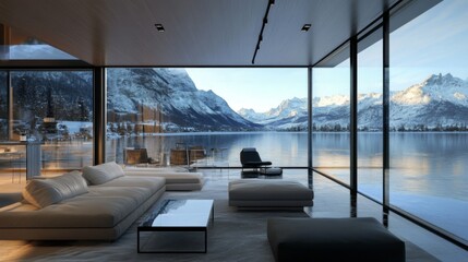 Modern Living Room with Stunning Mountain and Lake View