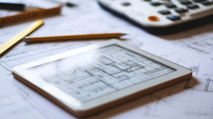 Close-up of a digital tablet showing mathematical calculations and engineering models with drafting tools and notes visible