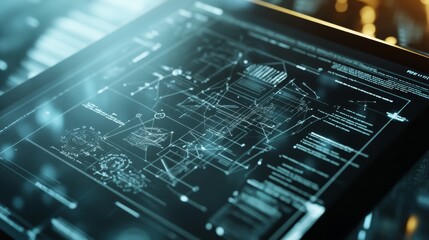 Close-up of a digital tablet displaying complex mathematical formulas and engineering designs for a project review