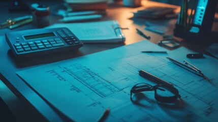 Close-up of a drafting table with engineering blueprints, mathematical calculations, and drafting tools visible