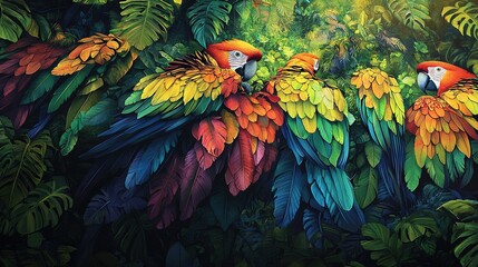 Obraz premium Painting of vibrant parrots perched on tree branches amidst a lush forest of green, yellow, and red foliage