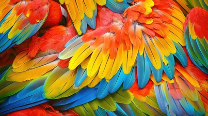 Obraz premium A close-up of a multicolored parrot's feathers with shades of blue, yellow, red, and green