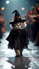 A cat in a witch costume struts down the Halloween catwalk