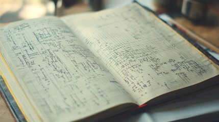 Close-up of an engineering textbook with mathematical equations, diagrams, and technical notes for a design project