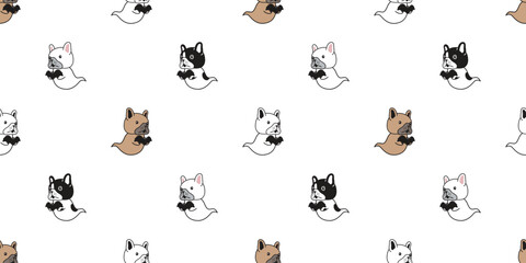 dog seamless pattern french bulldog Halloween spooky ghost bat puppy vector pet cartoon character doodle tile background gift wrapping paper repeat wallpaper scarf isolated