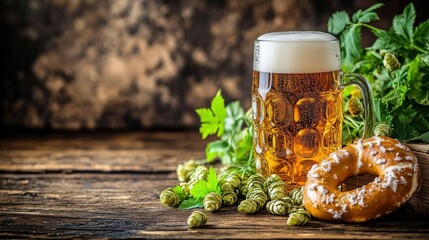 Fototapeta premium Warm ambiance with two frosty mugs of beer and a pretzel on a rustic wooden table