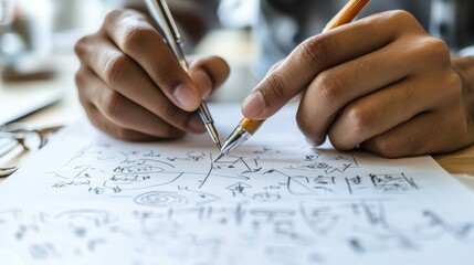 Close-up of an engineer hand sketching complex mathematical formulas and diagrams on a notepad