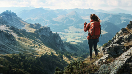 Naklejka premium A woman atop a mountain overlooking a verdant hillside adorned with ample grasses and trees