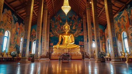 Obraz premium The beautiful interior of Wat Klang Ming Muang, with intricate murals and golden Buddha statues.